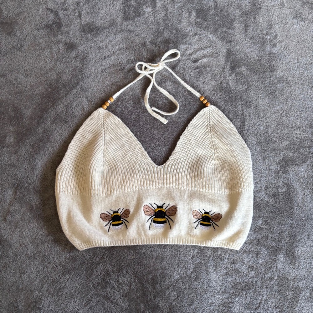 ROMWE Fairycore Bee Embroidered Halter Knit‎ Top Ivory Boho Crop 4XL
